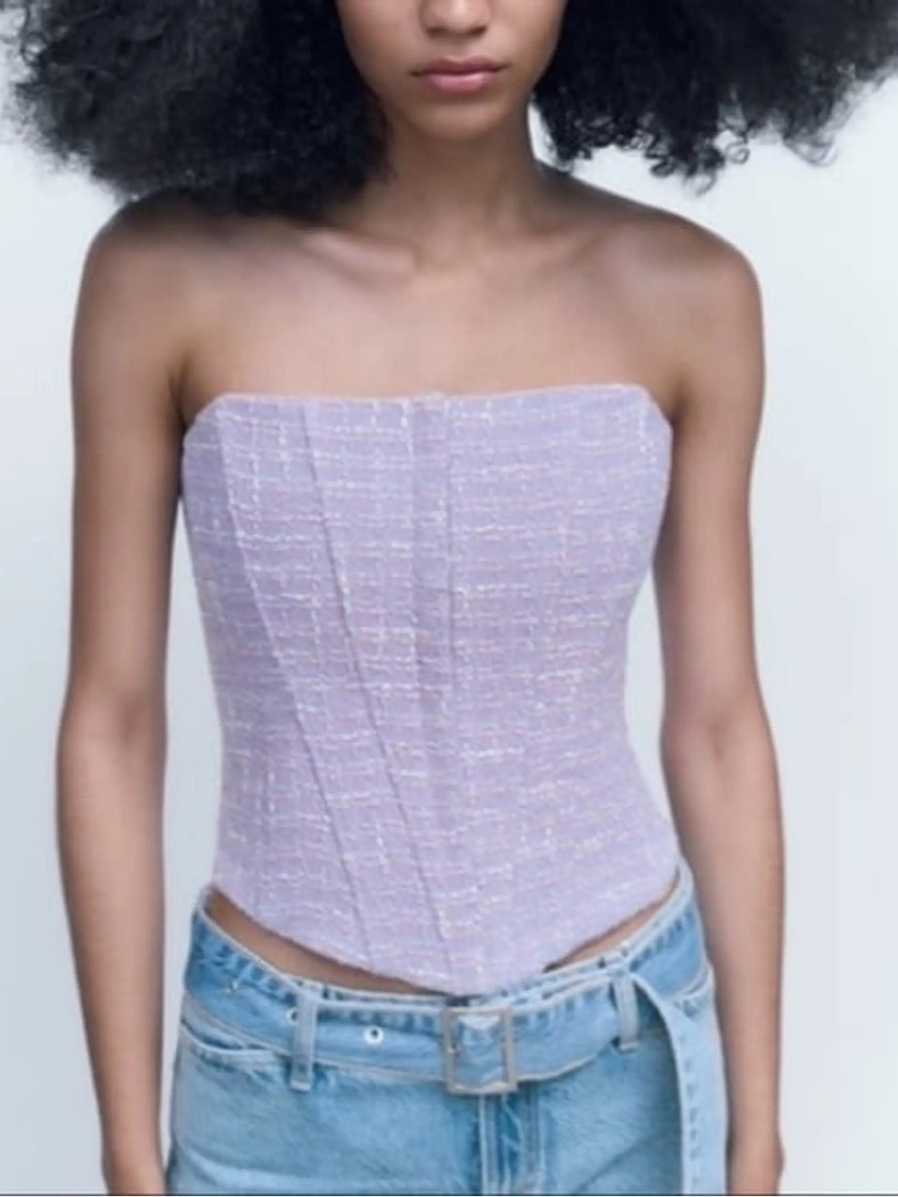 NWT Zara Lilac Tweed Strapless Corset Top L Textured Bustier Lavender